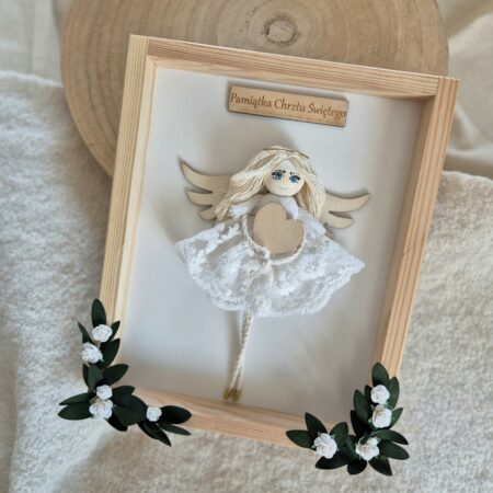 Anioł stróż w ramce na Chrzest, pamiątka dla dziewczynki.