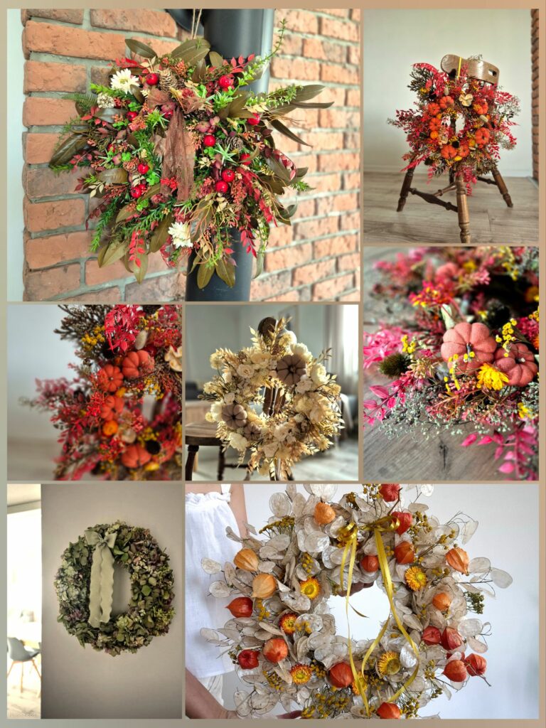 Wyjątkowe jesienne wianki na drzwi ze sztucznych i naturalnych roślin