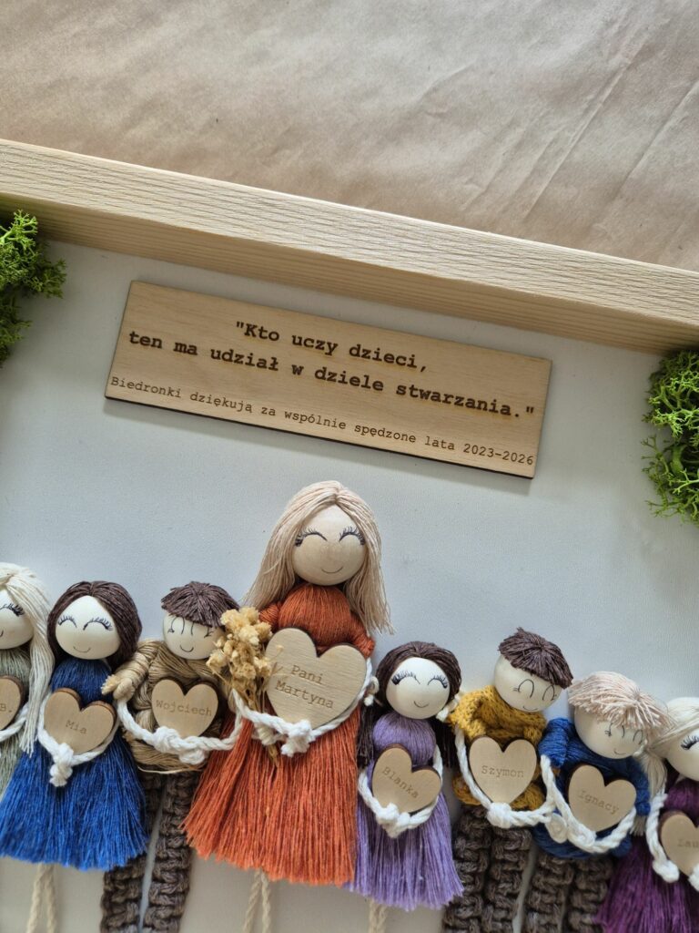 Ramka z laleczkami, zbliżenie na sznurek i drewno, króre wymaga odpowiedniej pielęgnacji